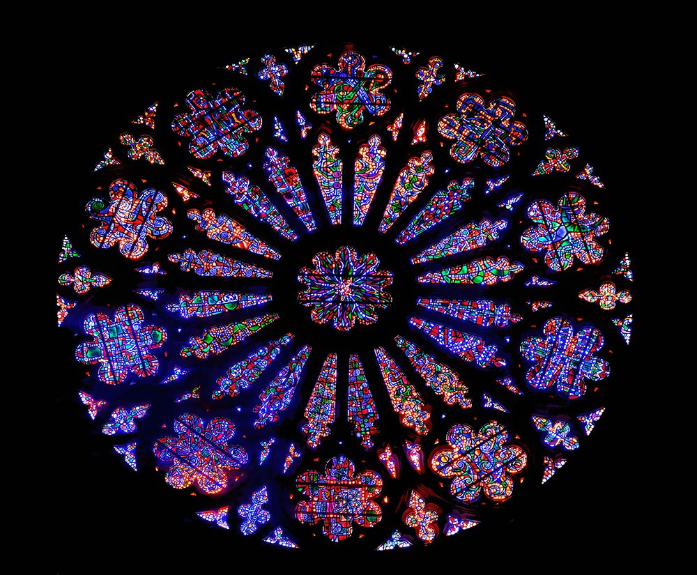 Colorful rose window stained glass, Washington National Cathedral, Washington DC.